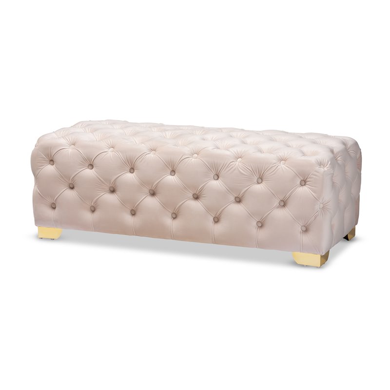 Bowery Hill Modern Tufted Velvet Ottoman in Beige and Gold