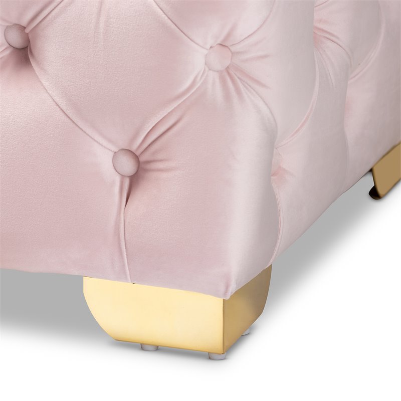Bowery Hill Modern Tufted Velvet Ottoman in Pink and Gold