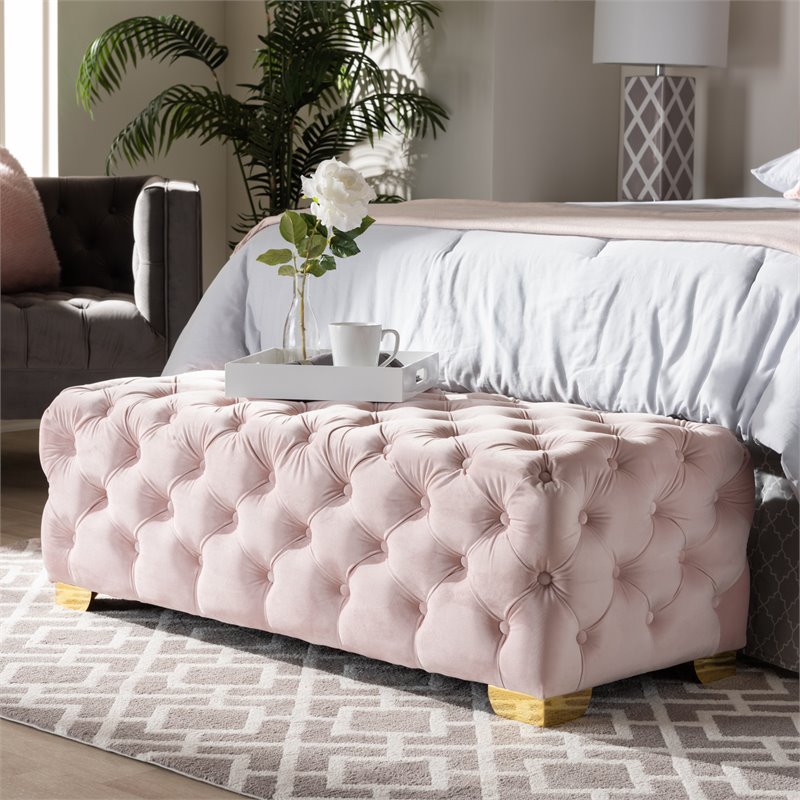 Bowery Hill Modern Tufted Velvet Ottoman in Pink and Gold