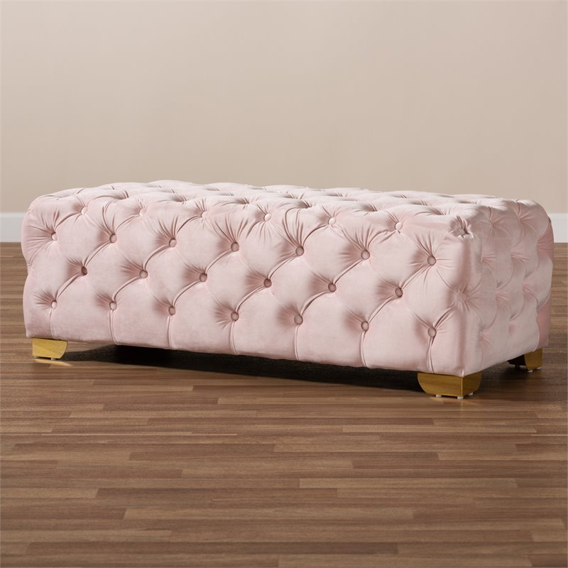 Bowery Hill Modern Tufted Velvet Ottoman in Pink and Gold