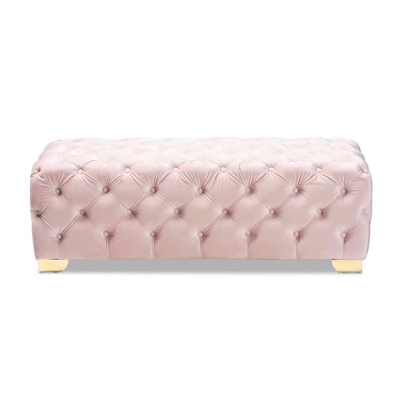 Bowery Hill Modern Tufted Velvet Ottoman in Pink and Gold