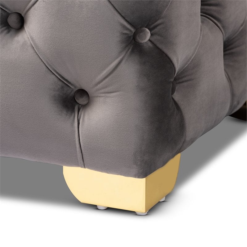 Bowery Hill Modern Tufted Velvet Ottoman in Gray and Gold