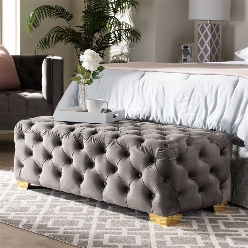 Bowery Hill Modern Tufted Velvet Ottoman in Gray and Gold