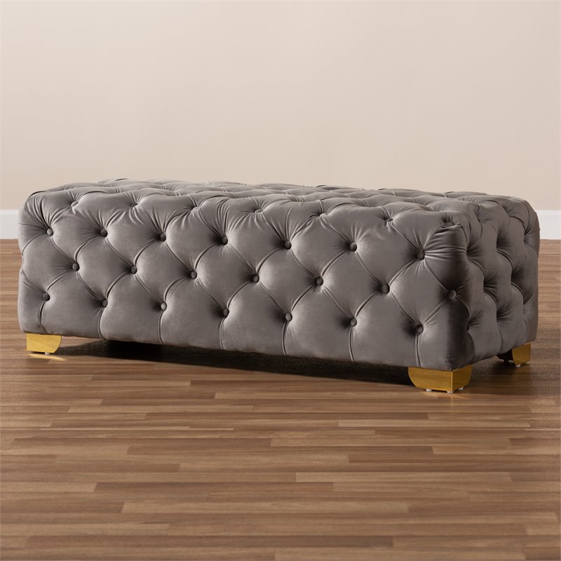 Bowery Hill Modern Tufted Velvet Ottoman in Gray and Gold