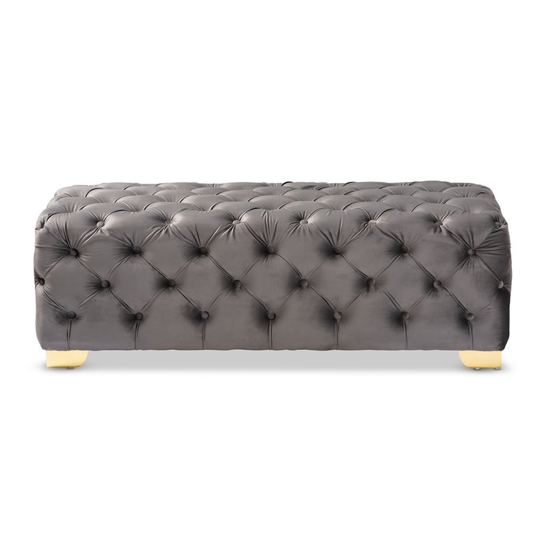 Bowery Hill Modern Tufted Velvet Ottoman in Gray and Gold