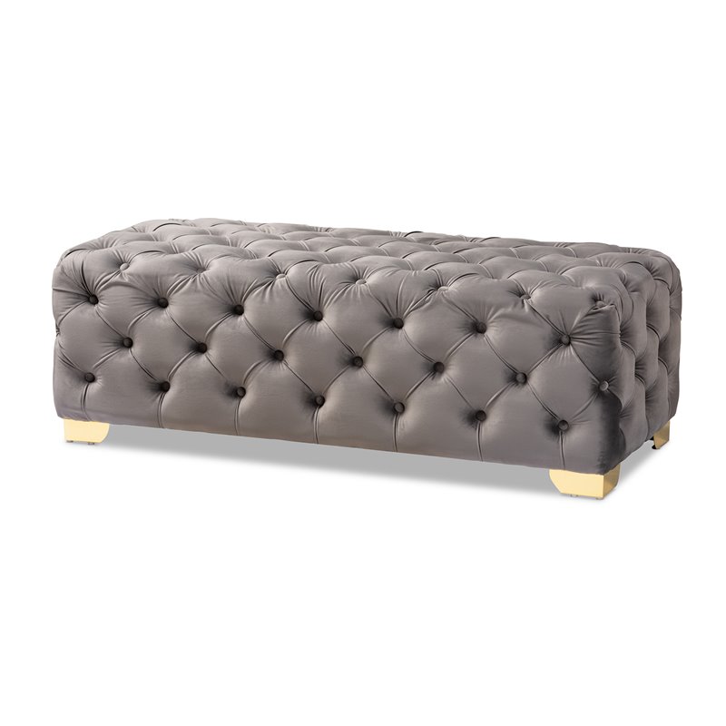 Bowery Hill Modern Tufted Velvet Ottoman in Gray and Gold