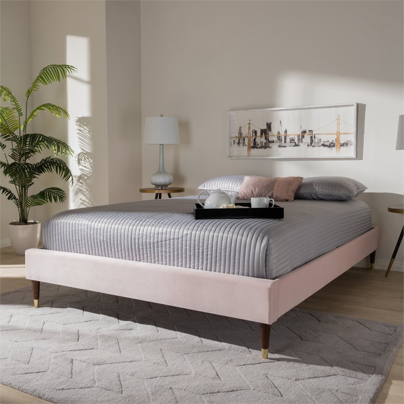 Bowery Hill Mid-Century Upholstered Velvet Platform Full Bed in Pink