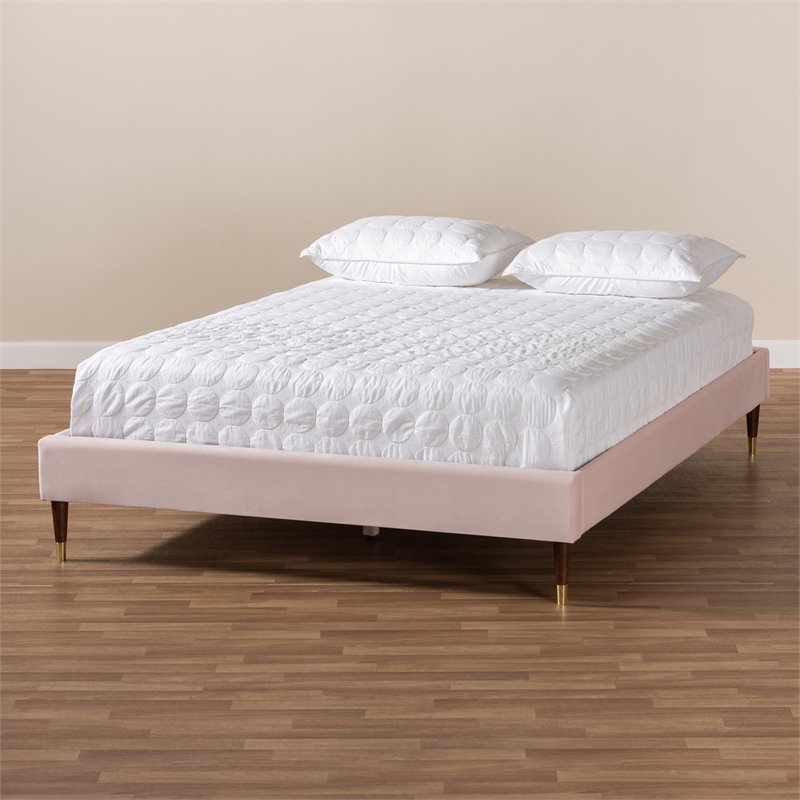 Bowery Hill Mid-Century Upholstered Velvet Platform Full Bed in Pink