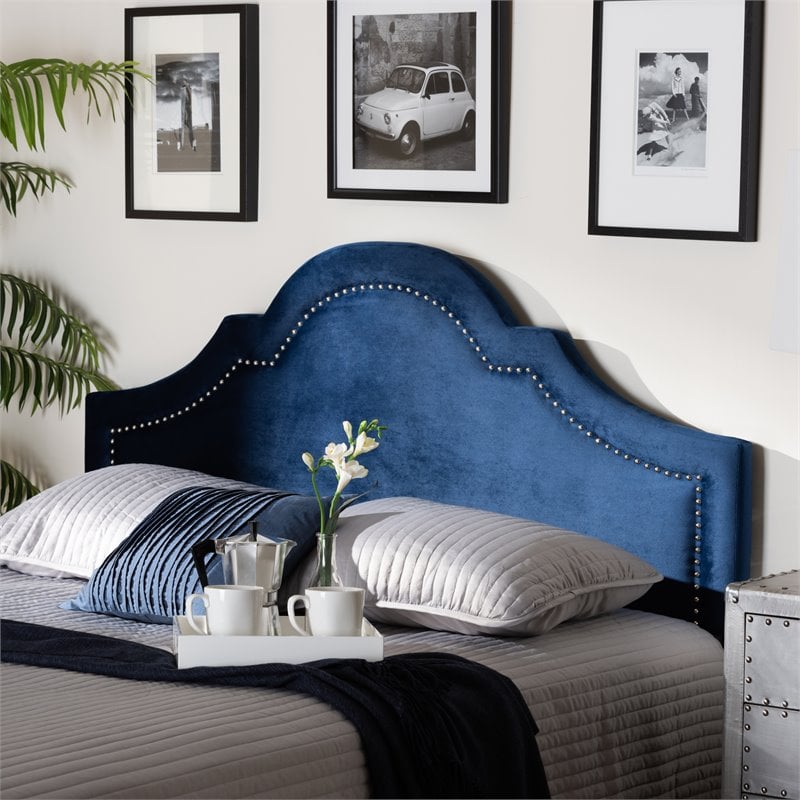Bowery Hill Modern Velvet and Wood Full Headboard in Navy Blue