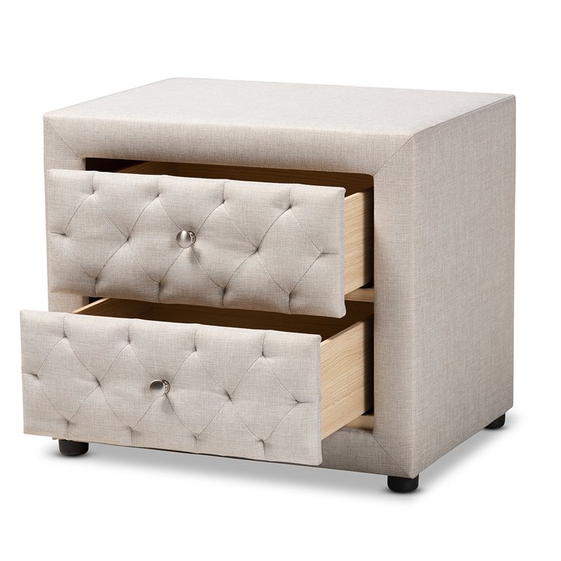 Bowery Hill 2-Drawer Tufted Fabric and Wood Nightstand in Light Beige