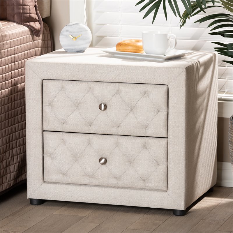 Bowery Hill 2-Drawer Tufted Fabric and Wood Nightstand in Light Beige