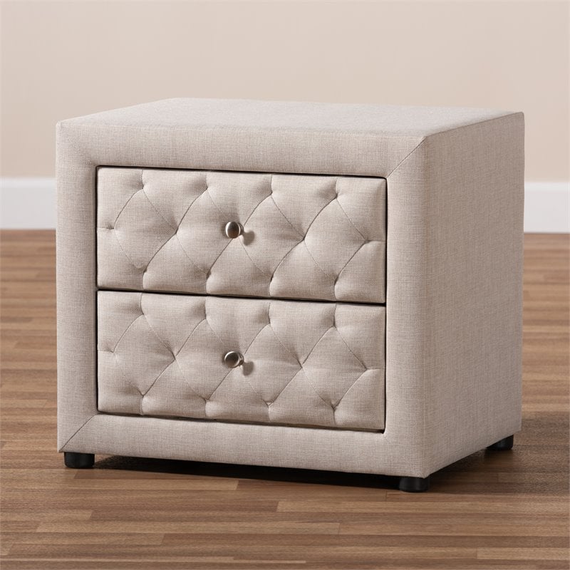 Bowery Hill 2-Drawer Tufted Fabric and Wood Nightstand in Light Beige