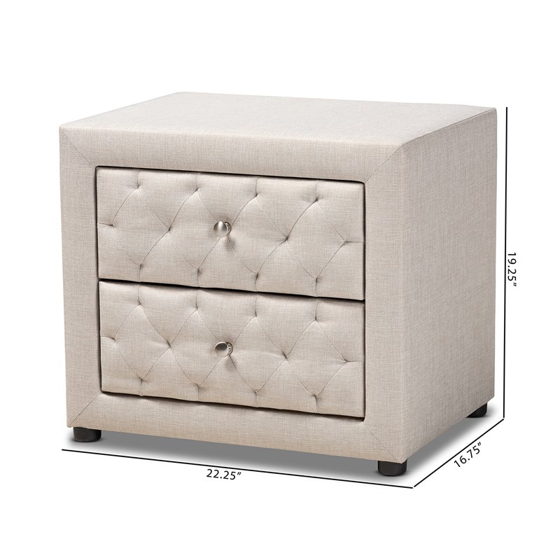 Bowery Hill 2-Drawer Tufted Fabric and Wood Nightstand in Light Beige