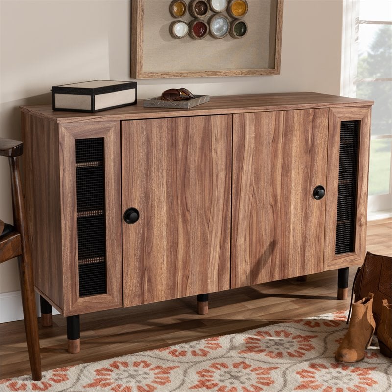 Bowery Hill 2-Door Wood Shoe Cabinet with Screen Inserts in Oak-Black