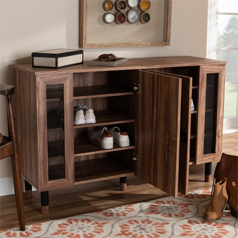 Bowery Hill 2-Door Wood Shoe Cabinet with Screen Inserts in Oak-Black