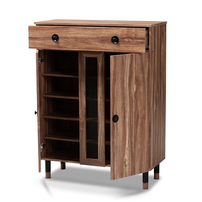 Bowery Hill 2-Door Wood Shoe Storage Cabinet with Drawer in Oak-Black