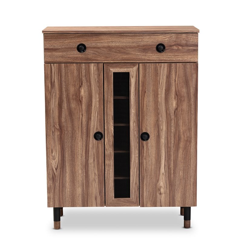 Bowery Hill 2-Door Wood Shoe Storage Cabinet with Drawer in Oak-Black