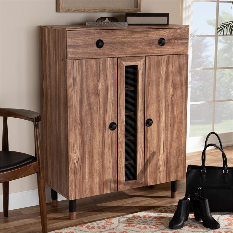Bowery Hill 2-Door Wood Shoe Storage Cabinet with Drawer in Oak-Black