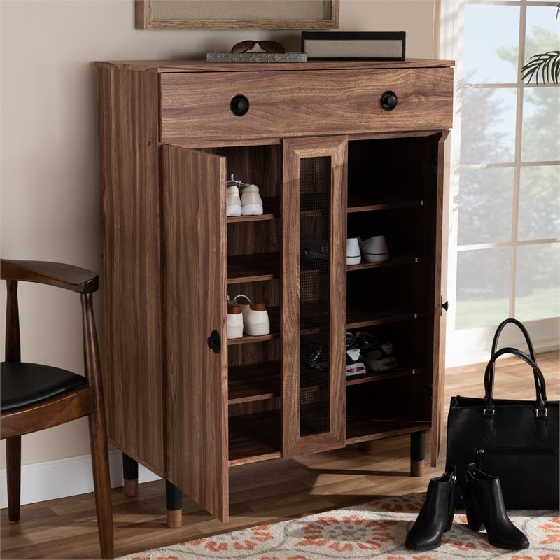 Bowery Hill 2-Door Wood Shoe Storage Cabinet with Drawer in Oak-Black