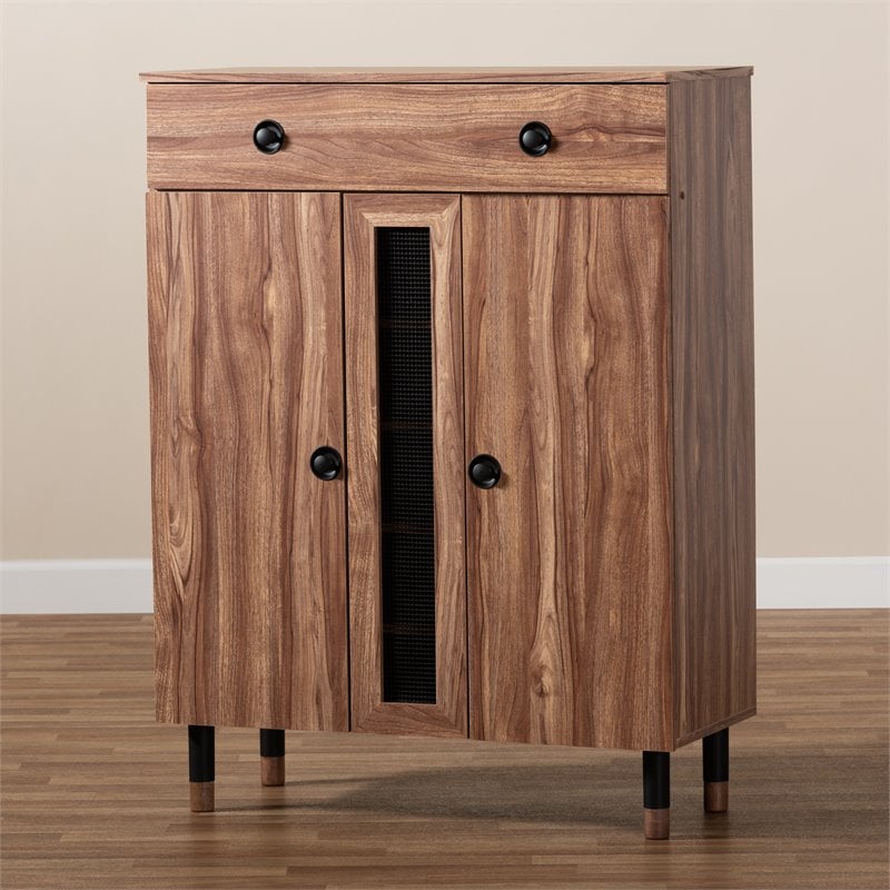 Bowery Hill 2-Door Wood Shoe Storage Cabinet with Drawer in Oak-Black