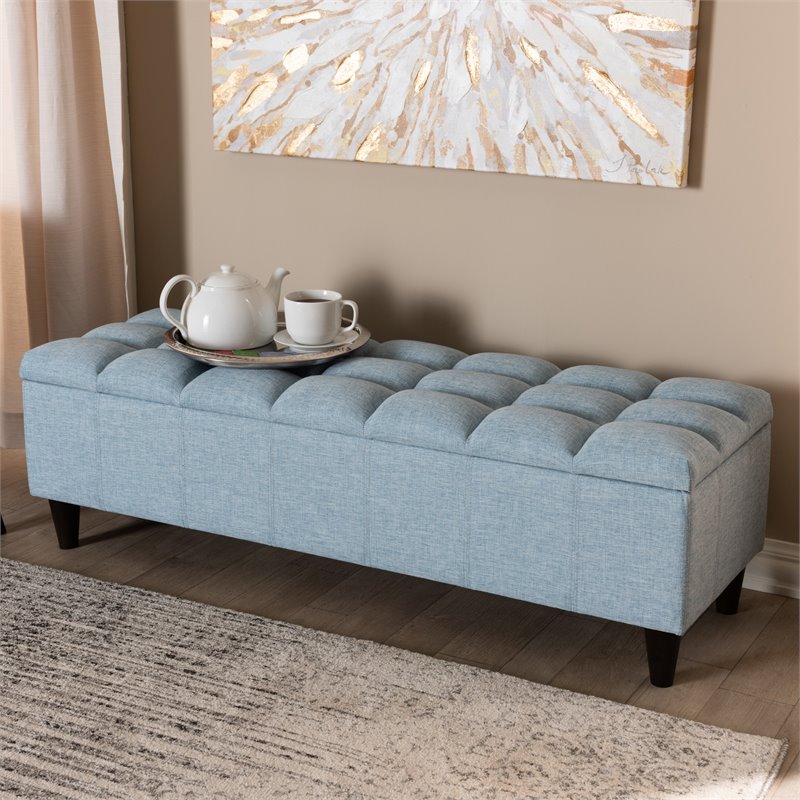 Bowery Hill Tufted Fabric and Wood Storage Ottoman in Light Blue