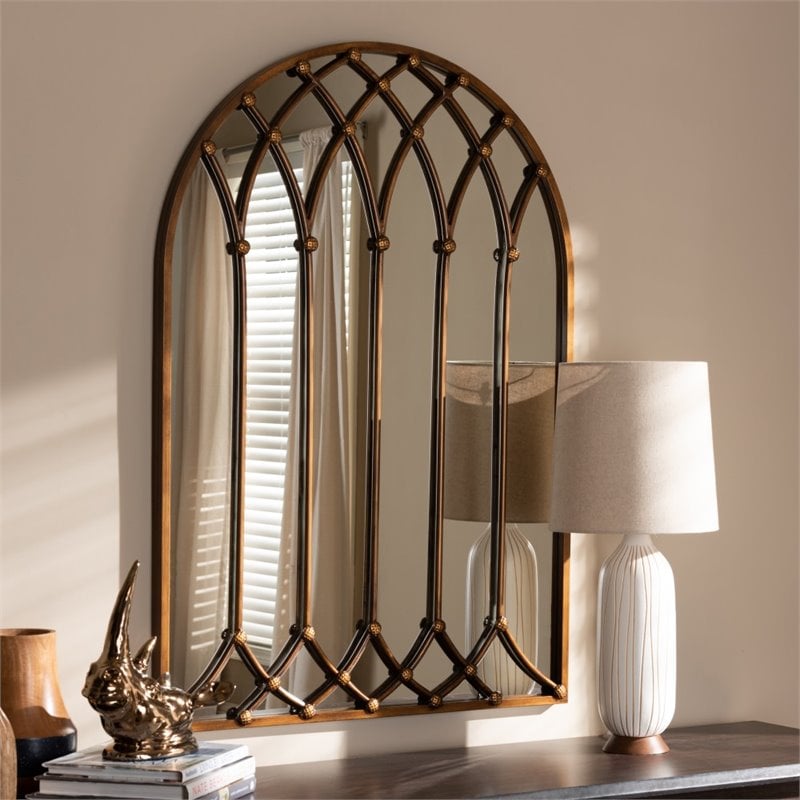 Bowery Hill Decorative Arched Window Wall Mirror in Bronze