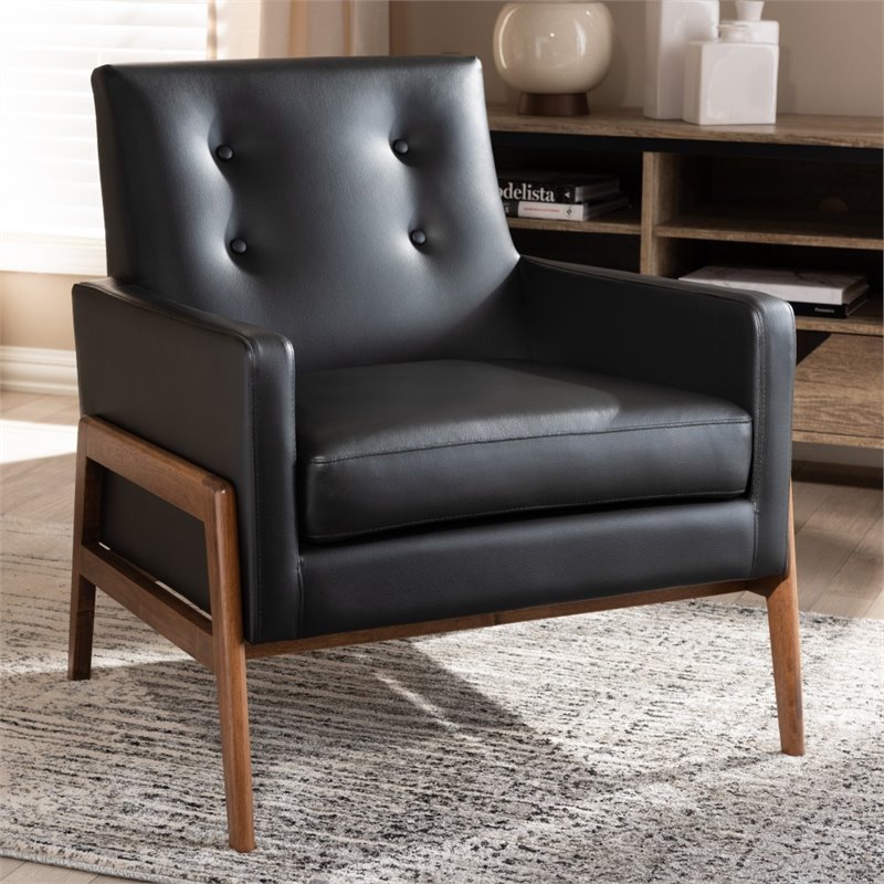 Bowery Hill Faux Leather Lounge Chair in Black and Walnut