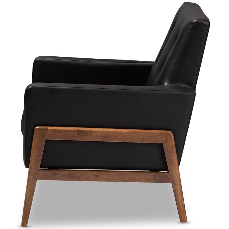 Bowery Hill Faux Leather Lounge Chair in Black and Walnut