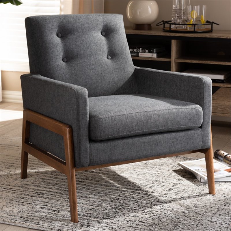 Bowery Hill Mid-Century Upholstered Lounge Chair in Dark Grey and Walnut