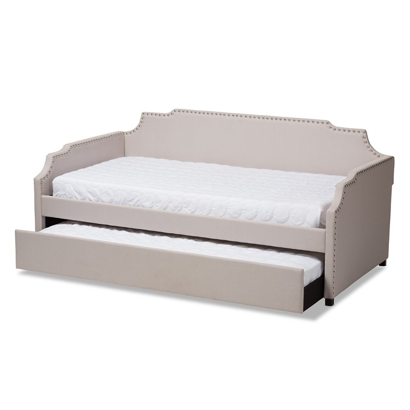 Bowery Hill Fabric Upholstered Twin Size Daybed with Trundle Bed in Beige