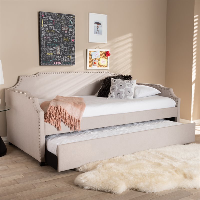 Bowery Hill Fabric Upholstered Twin Size Daybed with Trundle Bed in Beige