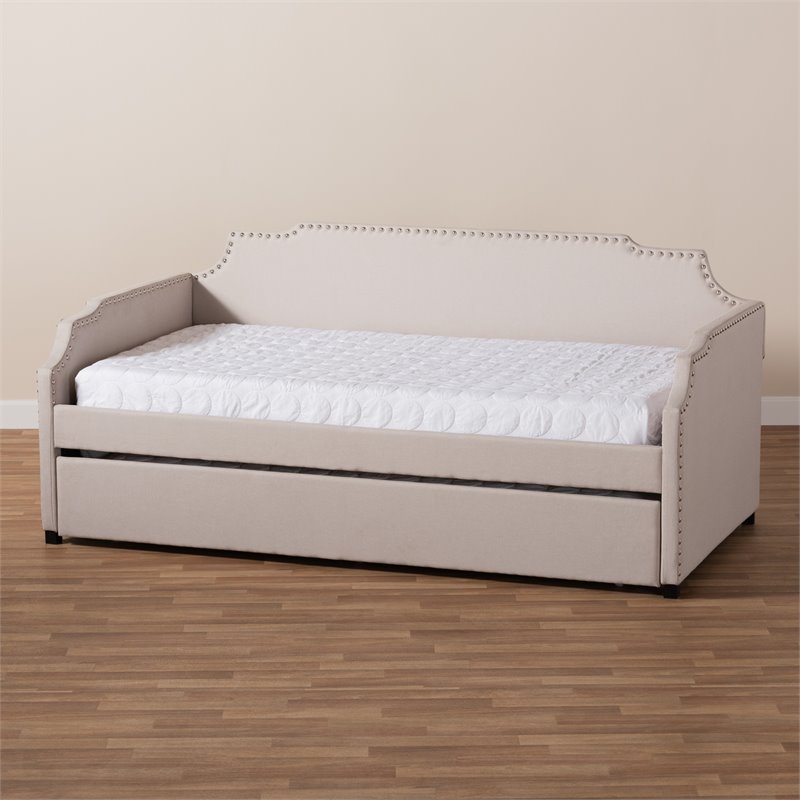 Bowery Hill Fabric Upholstered Twin Size Daybed with Trundle Bed in Beige
