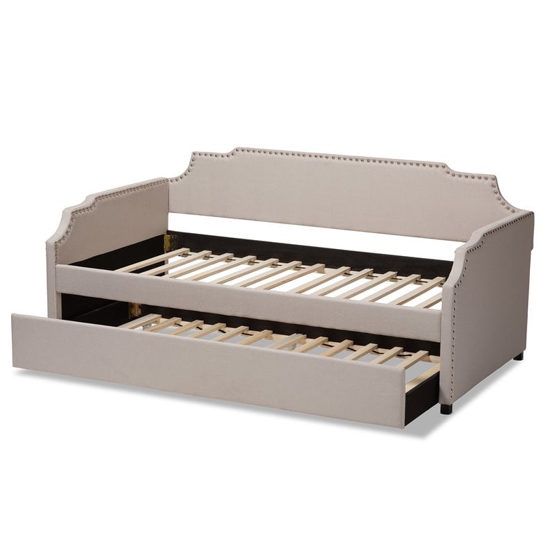 Bowery Hill Fabric Upholstered Twin Size Daybed with Trundle Bed in Beige