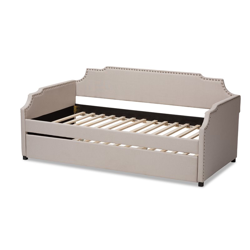 Bowery Hill Fabric Upholstered Twin Size Daybed with Trundle Bed in Beige