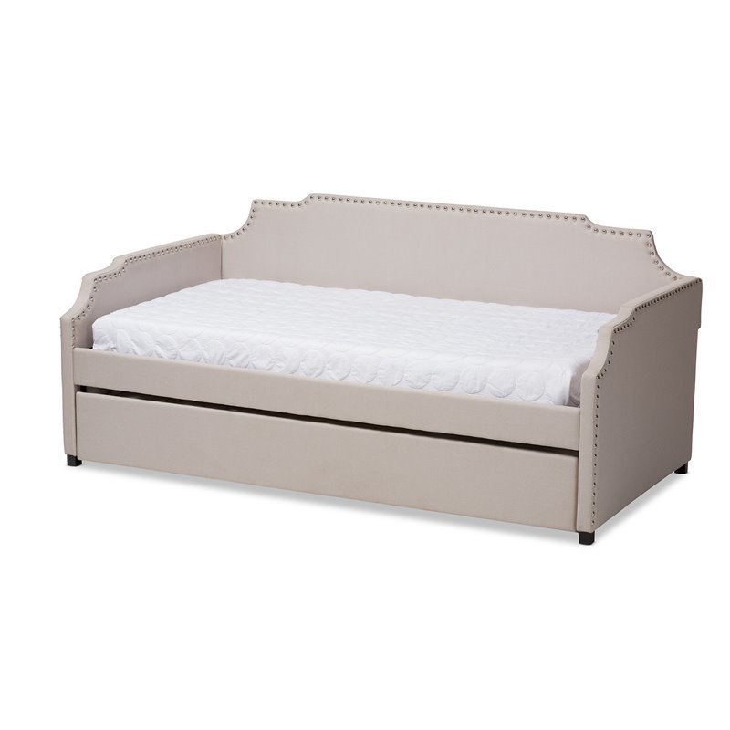 Bowery Hill Fabric Upholstered Twin Size Daybed with Trundle Bed in Beige