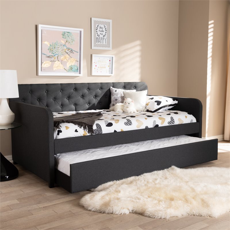 Bowery Hill Contemporary Fabric Tufted Twin Daybed in Charcoal Gray
