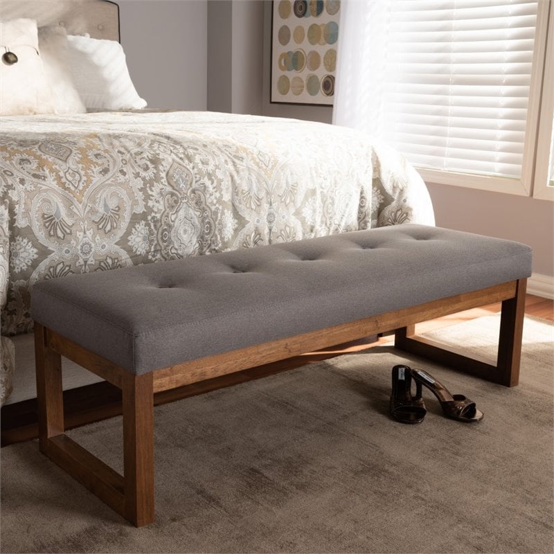 Bowery Hill Tufted Bench in Grey and Walnut Brown