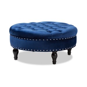 bowery hill traditional blue velvet upholstered button tufted ottoman