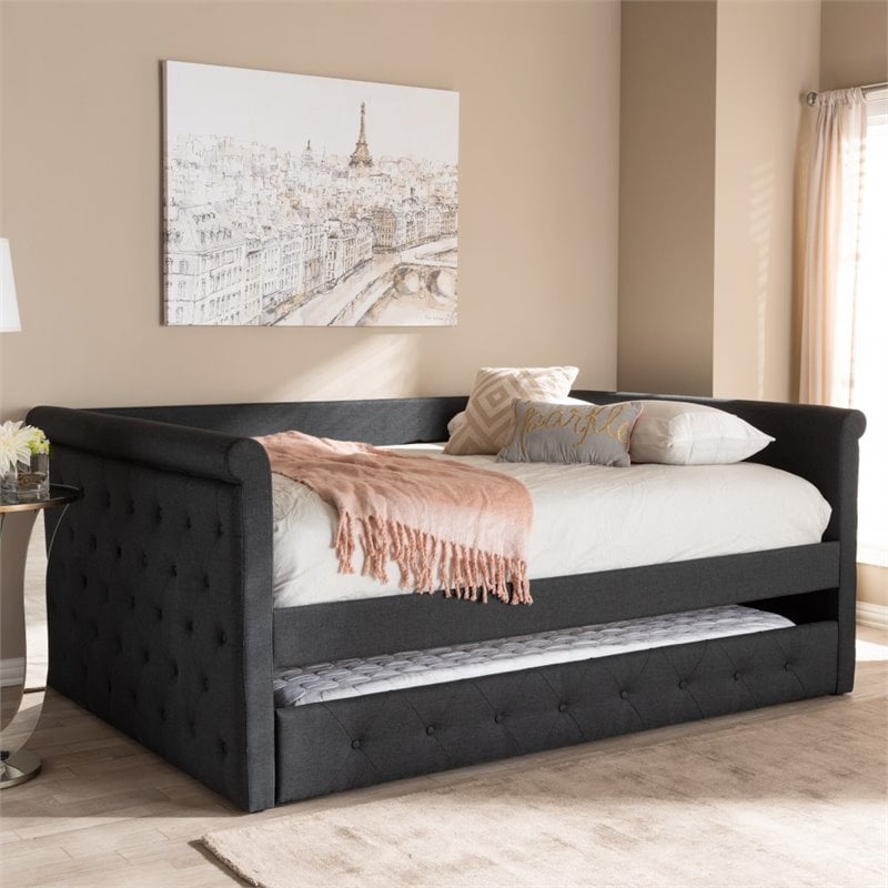 Bowery Hill Fabric Tufted Full Daybed with Trundle in Dark Gray