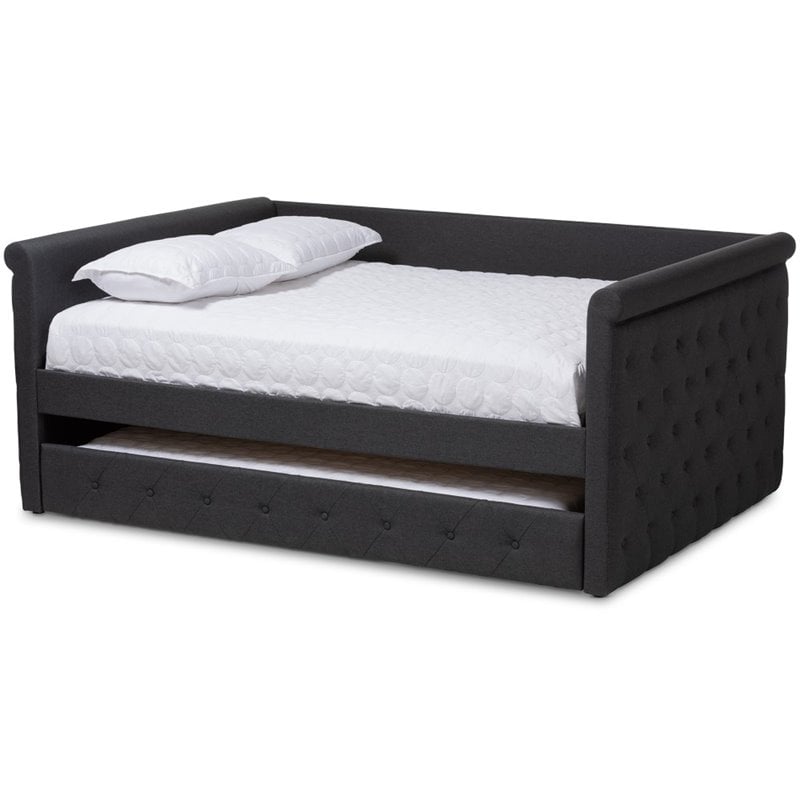 Bowery Hill Fabric Tufted Full Daybed with Trundle in Dark Gray