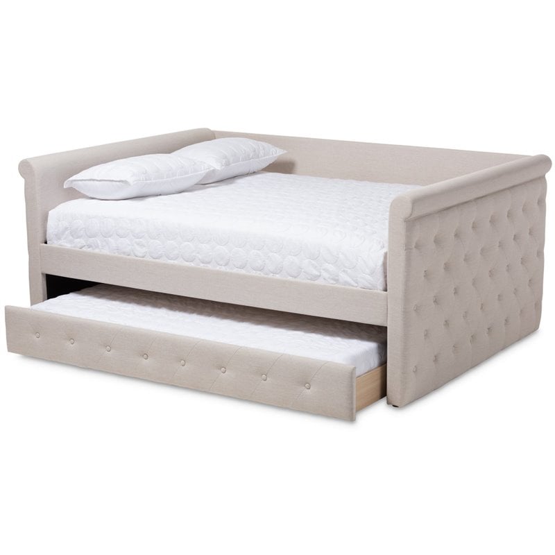 Bowery Hill Fabric Tufted Full Daybed with Trundle in Light Beige