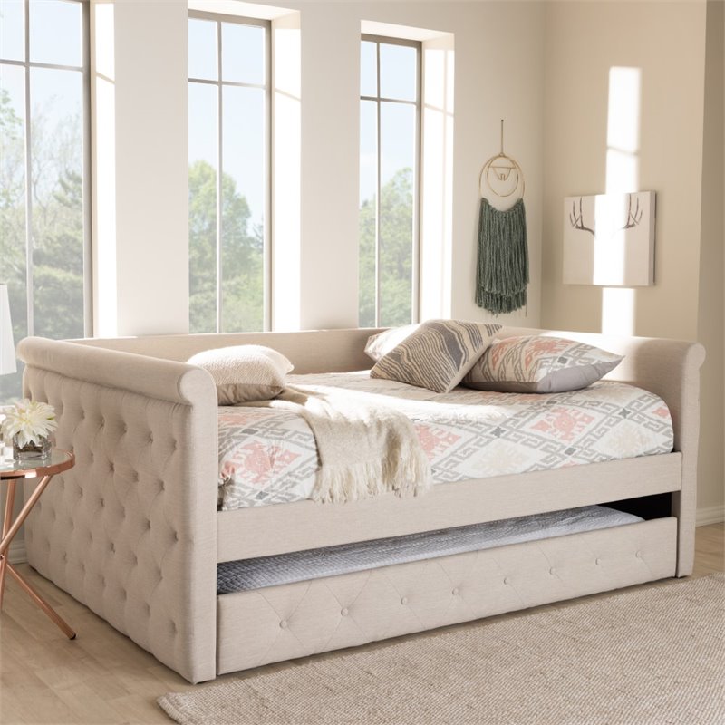 Bowery Hill Fabric Tufted Queen Daybed with Trundle in Beige