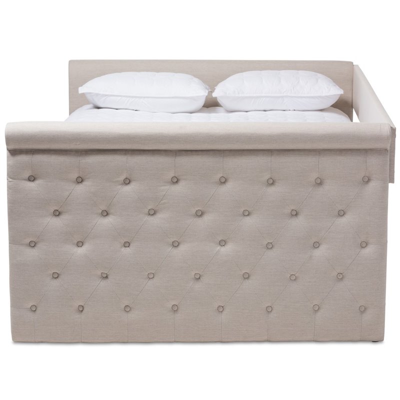 Bowery Hill Fabric Tufted Queen Daybed with Trundle in Beige