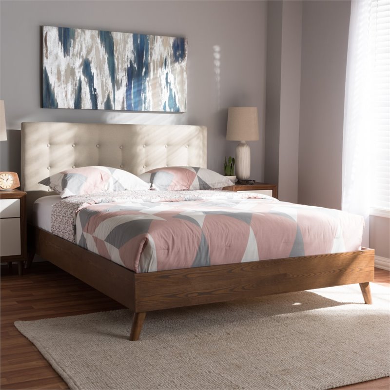 Bowery Hill Mid-Century Wood Tufted King Panel Platform Bed in Light Beige