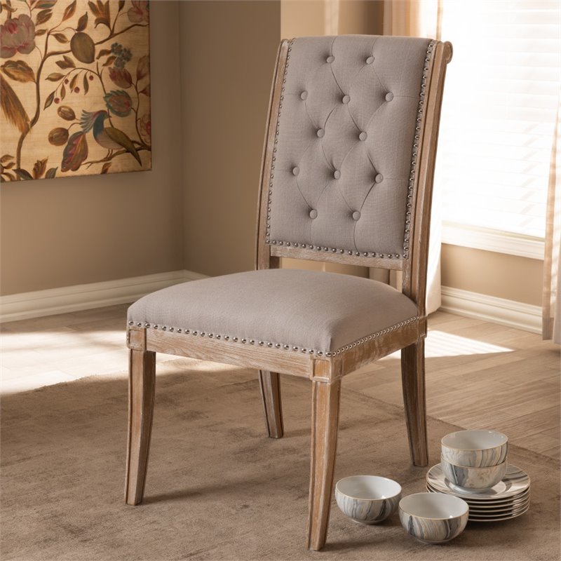 Bowery Hill Tufted Dining Side Chair in Beige and Oak