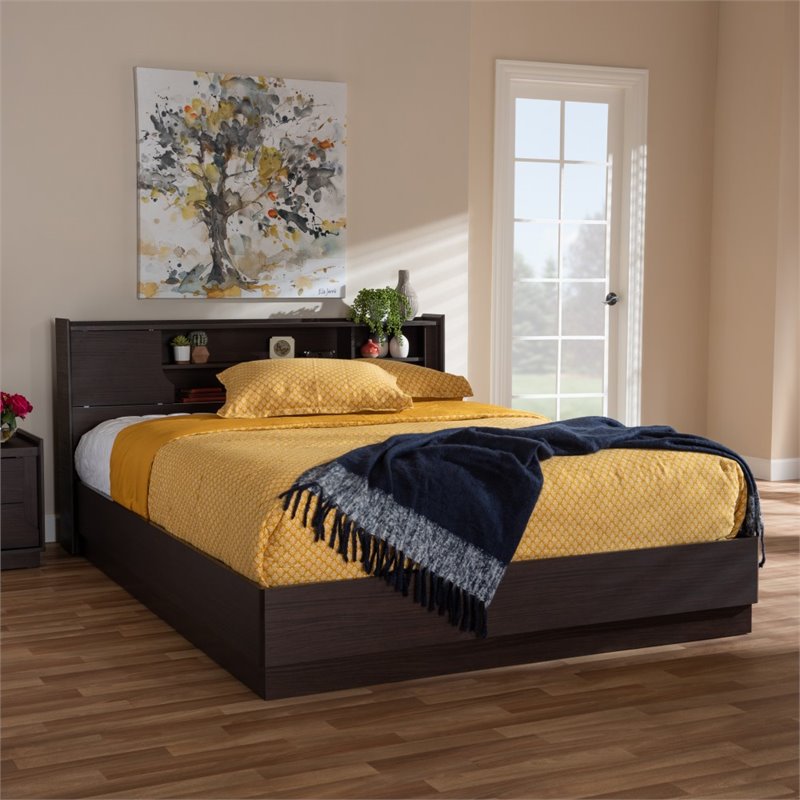 Bowery Hill Traditional Wood Queen Bookcase Platform Bed in Brown