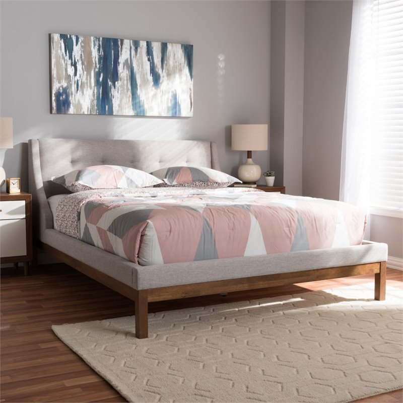 Bowery Hill Modern Upholstered Fabric Queen Platform Bed in Grayish Beige