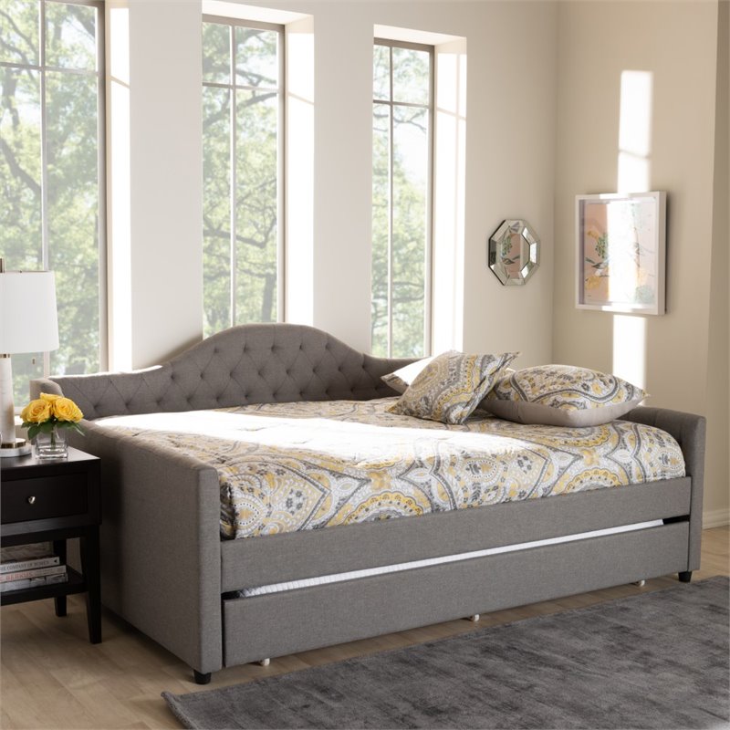 Bowery Hill Fabric Upholstered Tufted Queen Daybed with Trundle in Gray