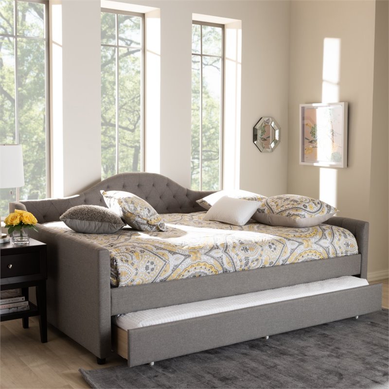 Bowery Hill Fabric Upholstered Tufted Queen Daybed with Trundle in Gray