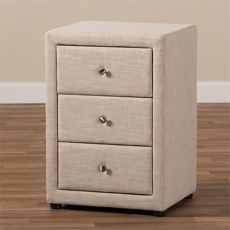 Bowery Hill 3 Drawer Fabric Upholstered Nightstand in Beige
